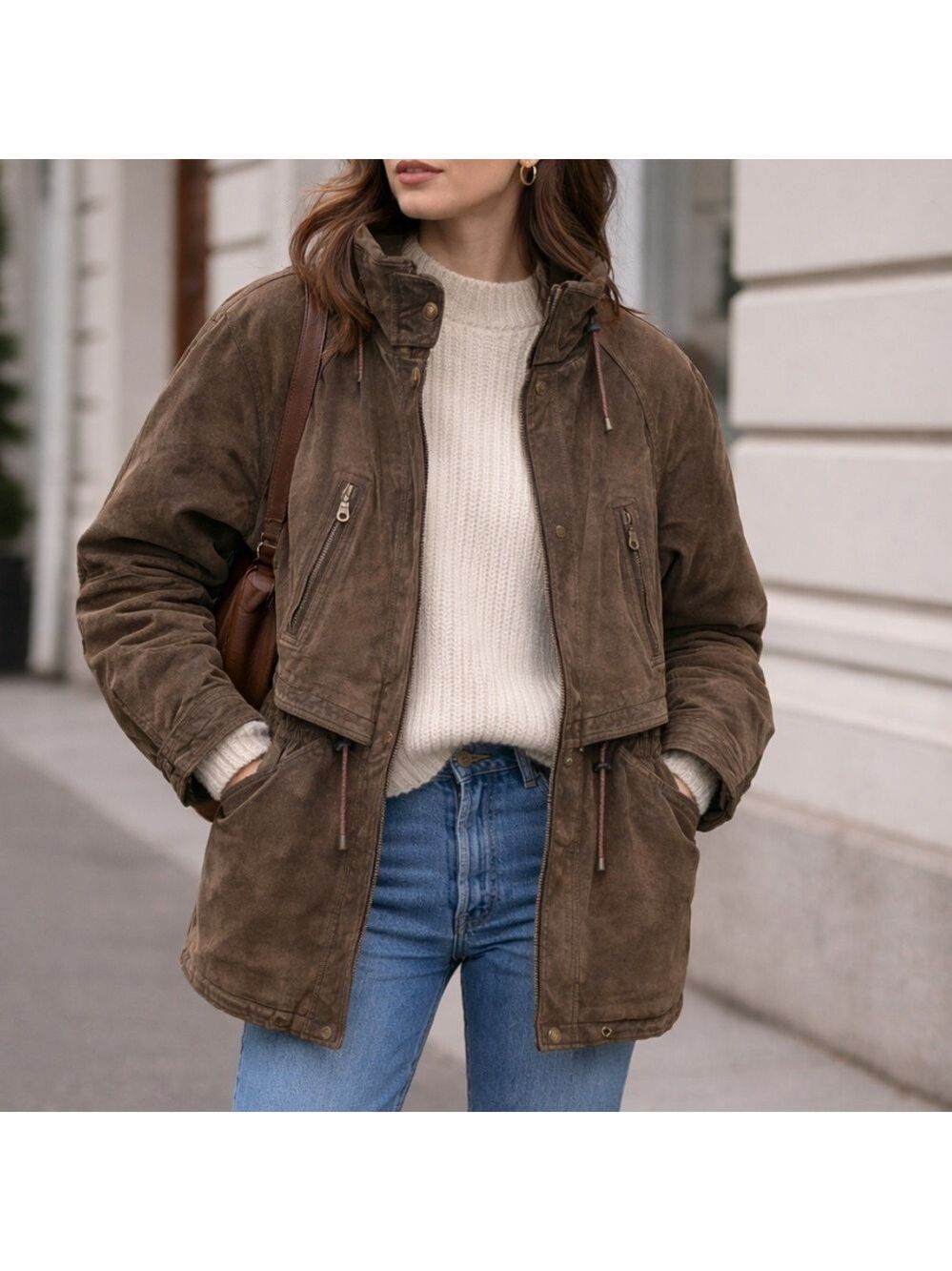 Vintage 80s Brown Suede Utility Coat Womens S Leather Longline Safari Distressed
